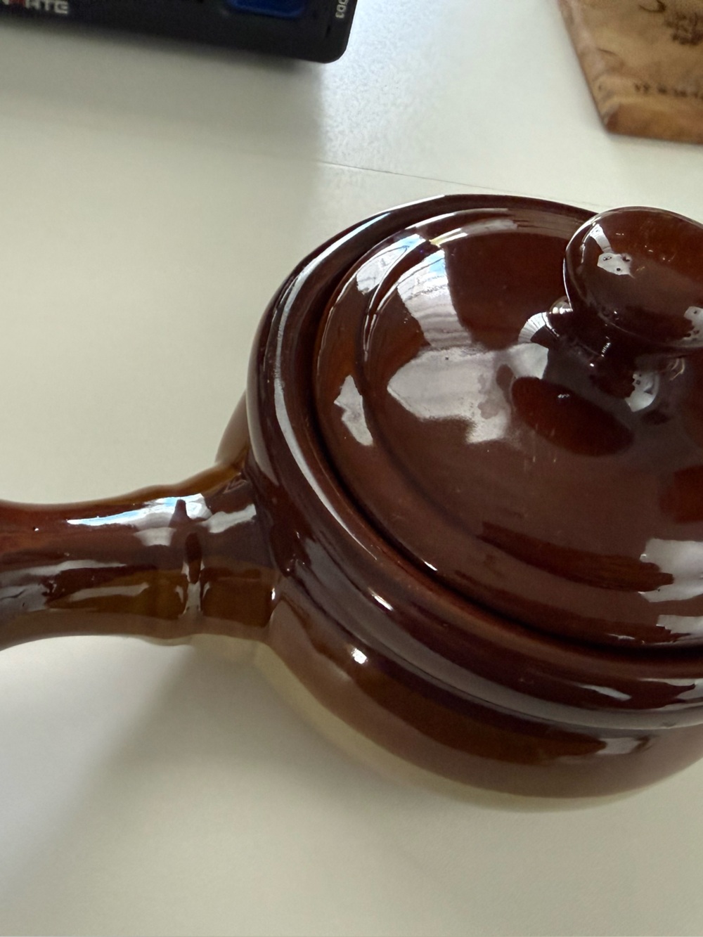 Vintage Brown Stoneware French Onion Soup bowl with Handle and Lid- Home Kitchen